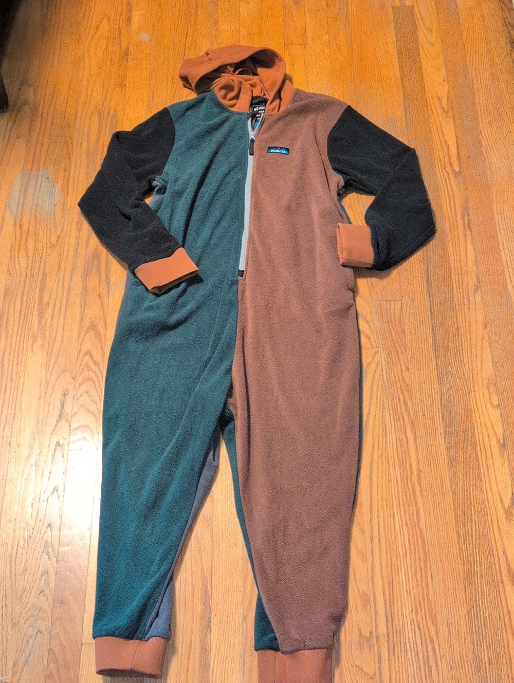 Kavu Colorblock Fleece One-Piece Jumpsuit Green Brown Black